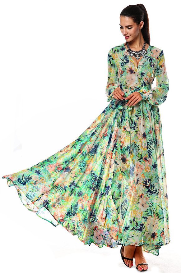 F2440-2 Women Summer Tropical Flower Printed Chiffon Long Sleeve Beach Dress